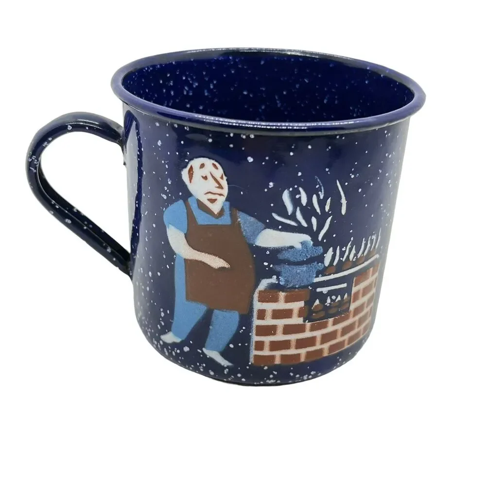 Coffee Mug Blue Speckled Enamel Graniteware Man BBQ Cooking Brick Oven Decor
